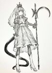 cross crosshatching crown dress greyscale hatching_(texture) high_heels highres holding holding_weapon long_hair looking_at_viewer mashimashi monochrome original solo tail weapon 