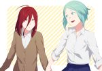  ahoge alternate_costume aqua_eyes aqua_hair blush colored_eyelashes contemporary green_eyes green_hair hair_between_eyes highres holding_hands houseki_no_kuni humanization long_bangs looking_at_another multiple_girls phosphophyllite red_eyes red_hair school_uniform shinsha_(houseki_no_kuni) short_hair skirt sleeves_rolled_up smile sweater tea_oden 