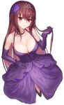  absurdres breasts choker cleavage collarbone dress elbow_gloves eyebrows_visible_through_hair fate/grand_order fate_(series) flower from_above gloves hair_flower hair_intakes hair_ornament hand_in_hair highres hoshibudou large_breasts long_hair looking_at_viewer parted_lips purple_dress purple_flower purple_hair purple_rose red_eyes rose scathach_(fate)_(all) scathach_(fate/grand_order) simple_background tiara 
