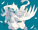  2017 ambiguous_gender biped blue_background blue_sclera cheek_tuft claws crotch_tuft digital_media_(artwork) dragon feathered_wings feathers featureless_crotch feral fur legendary_pok&eacute;mon looking_away nintendo nude open_mouth pok&eacute;mon pok&eacute;mon_(species) portrait reshiram restricted_palette signature simple_background solo suspended_in_midair teeth three-quarter_portrait tuft video_games white_eyes white_feathers white_fur white_wings wings zuekrz 