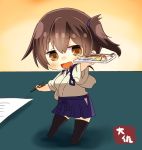  :d animal artist_name black_legwear blue_hakama blush brown_eyes brown_hair chibi chopsticks commentary fish full_body hair_between_eyes hakama hakama_skirt holding holding_chopsticks japanese_clothes kaga_(kantai_collection) kantai_collection long_hair open_mouth saury short_hair side_ponytail smile solo taisa_(kari) tasuki teal_background thighhighs two-tone_background yellow_background 