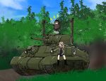  caterpillar_tracks cloud commentary_request day emblem girls_und_panzer grass ground_vehicle katyusha kay_(girls_und_panzer) kide_koushin long_hair m4_sherman military military_vehicle motor_vehicle multiple_girls one_eye_closed pravda_military_uniform saunders_(emblem) saunders_military_uniform sky smile smoke tank tree 