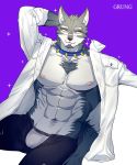  2018 abs anthro black_nose canine chest_tuft clothed clothing digital_media_(artwork) fur grung hi_res male mammal muscular muscular_male nipples open_shirt pants pecs tuft 