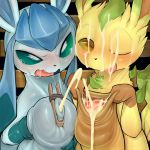  2018 blush cum cum_on_face cum_on_tongue digital_media_(artwork) duo eeveelution foreskin foreskin_play glaceon leafeon looking_at_viewer male male/male nintendo one_eye_closed open_mouth penis pok&eacute;mon pok&eacute;mon_(species) syuro tongue uncut video_games 