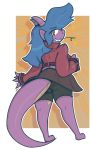  2018 alpha_channel anthro barefoot big_tail biped blue_hair butt_pose chewing_grass clothed clothing digital_media_(artwork) draggysden dragon female full-length_portrait fully_clothed grin hair hi_res horn long_hair long_tail looking_at_viewer looking_back object_in_mouth plantigrade portrait purple_horn purple_scales purple_tail rear_view red_clothing red_eyes red_topwear scales scalie shorts simple_background skirt smile solo teeth thick_tail 