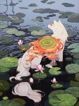  animal commentary english_commentary fire flower jiayue_wu lily_(flower) lily_pad looking_to_the_side nature no_humans ookami_(game) outdoors reflector_(ookami) ripples shield wading water white_fur wolf 