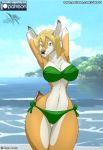  2018 anthro arms_above_head beach bikini biped blonde_hair breasts brown_fur brown_nose brown_tail camel_toe cervine cleavage clothed clothing detailed_background dipstick_tail female fur gloves_(marking) green_eyes hair libra-11 looking_at_viewer mammal markings multicolored_fur multicolored_tail navel nipple_bulge patreon pinup pose seaside short_tail smile solo strapless swimsuit thick_thighs thigh_gap thin_waist two_tone_fur water white_fur white_tail wide_hips 