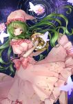  bare_shoulders bow breasts bug butterfly closed_mouth constellation_print crescent dress expressionless eyebrows_visible_through_hair floating_hair flower frilled_dress frills glowing_butterfly green_eyes green_hair hat head_tilt highres holding insect kazami_yuuka kazami_yuuka_(pc-98) lily_pad long_hair medium_breasts night night_sky nightcap nightgown pink_bow pink_dress pink_flower pink_hat pocket_watch puffy_short_sleeves puffy_sleeves ripples shironeko_yuuki short_sleeves sky solo star star_(sky) star_print starry_sky touhou touhou_(pc-98) very_long_hair watch 