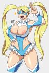  1girl :d areola_slip areolae blonde_hair blue_eyes breasts frilled_skirt frills large_breasts looking_at_viewer maruzyrukun nipple_slip nipples open_mouth rainbow_mika skirt smile solo street_fighter twintails wrestling_outfit 