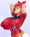  1girl areolae arms_up bandanna bike_shorts blue_eyes breasts brown_hair creatures_(company) domoipetti female game_freak gloves haruka_(pokemon) highres huge_breasts lactation large_areolae looking_at_viewer nintendo nipples pokemon pokemon_(game) pokemon_rse red_bandana red_shirt shirt simple_background solo standing undershirt 