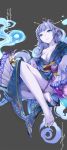  aoandon_(kakuriyo_no_mon) barefoot blue_eyes blue_fire breasts cleavage feet fire grey_background hair_ornament hair_stick highres kakuriyo_no_mon long_hair looking_at_viewer medium_breasts pale_skin parted_lips pointy_ears purple_hair solo standing xie_yizhen 