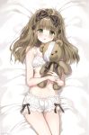  bandaged_head bandages bare_arms bare_shoulders bed_sheet blush bow bra braid breasts brown_bow brown_hair cinderella_bust collarbone dakimakura fingernails green_eyes hair_bow head_tilt highres long_hair lying mullpull on_back original panties parted_lips small_breasts solo striped striped_bow stuffed_animal stuffed_toy tears teddy_bear underwear underwear_only white_bra white_panties 