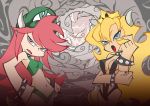  bikini black_collar black_nails black_swimsuit blonde_hair blue_eyes bowser_peach bowsette bracelet breasts collar crown green_bikini green_hat hair_between_eyes hand_on_hip hat horns jewelry long_hair looking_at_viewer mario_(series) multiple_girls nail_polish navel new_super_mario_bros._u_deluxe panty_&amp;_stocking_with_garterbelt parody possessed princess_peach prototype red_eyes red_hair slingshot_swimsuit spiked_bracelet spiked_collar spiked_tail spikes style_parody super_crown super_mario_odyssey swimsuit tail textless very_long_hair yuki_no14 