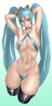  arcade_sona areolae armpits arms_behind_head black_choker black_legwear blue_eyes blue_hair blue_swimsuit breasts cameltoe choker collarbone contrapposto criss-cross_halter curvy gradient_hair halterneck highleg highleg_swimsuit highres js_(wlstjd9595) large_breasts league_of_legends long_hair looking_at_viewer multicolored_hair navel slingshot_swimsuit solo sona_buvelle swimsuit thighhighs thighs twintails very_long_hair wide_hips 