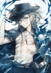  abs black_coat black_hat chest edmond_dantes_(fate/grand_order) epaulettes fate/grand_order fate_(series) fedora glasses grin hat highres jacket_on_shoulders kizashima_shizaki looking_at_viewer male_focus monte_cristo_selection popped_collar scar shirtless smile solo upper_body watermark wavy_hair white_hair yellow_eyes 