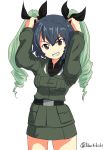  anchovy anchovy_(cosplay) anzio_military_uniform arms_up bangs belt black_belt black_hair black_ribbon black_shirt braid brown_eyes buchikaki commentary_request cosplay cowboy_shot dress_shirt drill_hair girls_und_panzer grey_jacket grey_skirt grin hair_ribbon hands_on_own_head head_tilt highres holding jacket long_sleeves looking_at_viewer military military_uniform miniskirt partial_commentary pencil_skirt pepperoni_(girls_und_panzer) ribbon shirt short_hair side_braid simple_background skirt smile solo standing twin_drills twintails twitter_username uniform v-shaped_eyebrows white_background wig 