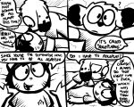  ? alvo_(target_miss) anthro barefoot big_eyes black_and_white black_fur black_hair black_nose canine cat clothing comic cub dialogue dog duo english_text feline female fur hair male mammal mira_(target_miss) monochrome open_mouth pokehidden shirt shorts smile speech_bubble target_miss text tongue toony whiskers young 