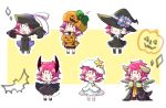  bat candy chibi closed_eyes closed_mouth commentary dango_2go demon_horns demon_tail dress fa facial_mark fang fire_emblem fire_emblem:_fuuin_no_tsurugi fire_emblem_heroes food forehead_mark halloween_basket halloween_costume hat highres horns jack-o'-lantern jiangshi long_sleeves mamkute multiple_girls multiple_persona ofuda open_clothes open_mouth open_robe outstretched_arms pointy_ears pumpkin_hat purple_hair robe short_hair sleeves_past_fingers sleeves_past_wrists spread_arms star tail white_hat witch_hat 