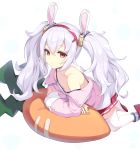  animal_ears azur_lane bunny_ears carrot_pillow commentary_request crown eyebrows_visible_through_hair fake_animal_ears fur-trimmed_jacket fur_trim hair_between_eyes hair_ribbon hairband highres ikomochi jacket laffey_(azur_lane) looking_at_viewer lying mini_crown off_shoulder on_stomach open_clothes open_jacket pillow pink_jacket red_eyes red_hairband red_skirt ribbon silver_hair skirt strap_slip thighhighs twintails white_camisole white_legwear 