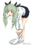  anchovy anzio_school_uniform bangs belt bent_over black_belt black_ribbon black_skirt buchikaki commentary dress_shirt dressing drill_hair eyebrows_visible_through_hair food food_in_mouth full_body girls_und_panzer green_hair hair_ribbon highres long_hair long_sleeves looking_at_viewer miniskirt mouth_hold pantyhose pantyhose_pull pleated_skirt pulled_by_self red_eyes ribbon school_uniform shirt simple_background skirt solo standing toast toast_in_mouth twin_drills twintails twitter_username white_background white_legwear white_shirt 