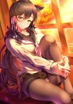  animal_ears atago_(azur_lane) azur_lane bangs black_hair black_legwear black_skirt blush breasts closed_mouth commentary_request desk emanon123 extra_ears grey_sweater hair_between_eyes hair_ribbon highres hips interlocked_fingers knee_up large_breasts legs long_hair looking_at_viewer mole mole_under_eye neckerchief panties panties_under_pantyhose pantyhose ribbon sailor_collar school_uniform sitting skirt smile solo sunlight sunset sweater swept_bangs thighband_pantyhose thighs underwear white_ribbon window yellow_eyes 