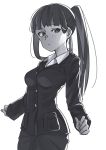  alternate_hairstyle bangs blunt_bangs blush closed_mouth commentary dress_shirt eyebrows_visible_through_hair formal frown girls_und_panzer greyscale highres jacket long_hair long_sleeves looking_at_viewer mature monochrome nishizumi_shiho pant_suit pants ponytail roivas shirt solo standing straight_hair suit 