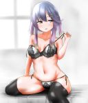  blush bra closed_mouth commentary_request eyebrows_visible_through_hair gradient_hair hair_between_eyes hair_ornament hairclip highres kantai_collection multicolored_hair older on_bed orange_hair panties purple_hair short_hair short_hair_with_long_locks sidelocks sitting sitting_on_bed tama_(seiga46239239) thighhighs tsushima_(kantai_collection) underwear window yellow_eyes 