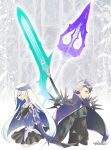  1girl back-to-back black_armor black_gloves black_shirt black_skirt blue_eyes brynhildr_(fate) brynhildr_romantia cape cowboy_shot fate/grand_order fate_(series) glasses gloves grey_background holding_hands lapis429 long_hair multicolored_hair neckerchief polearm profile purple_cape purple_eyes purple_gloves purple_hair sailor_collar shirt signature sigurd_(fate/grand_order) skirt smile spear spikes sword symmetry two-tone_hair weapon white_hair white_sailor_collar yellow_neckwear 