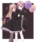  balloon bangs bat_wings black_dress black_wings blush breasts brown_background brown_eyes brown_gloves brown_legwear brown_ribbon closed_mouth collared_dress drawn_wings dress elbow_gloves eyebrows_visible_through_hair gloves green_eyes hair_between_eyes hair_ribbon hand_up highres ienaga_mugi light_brown_hair long_hair long_sleeves looking_at_viewer looking_to_the_side low_wings misumi_(macaroni) multiple_girls nijisanji puffy_short_sleeves puffy_sleeves red_hair ribbon short_hair short_sleeves small_breasts smile thighhighs two-tone_background very_long_hair virtual_youtuber white_background wings yuuhi_riri 