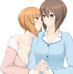  2girls blonde_hair blue_shirt blush breasts brown_eyes brown_hair cleavage collarbone couple girls_und_panzer hand_holding incest kurocat0701 long_sleeves looking_at_another medium_breasts multiple_girls nishizumi_maho nishizumi_miho pajamas pink_shirt shirt short_hair siblings simple_background sisters smile unbuttoned unbuttoned_shirt upper_body yuri 