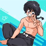  bangs bare_chest barefoot blue_eyes braid chest collarbone dutch_angle eyebrows_visible_through_hair grin hair_between_eyes hand_up long_hair looking_at_viewer male_focus navel pants pectorals ranma_1/2 saotome_ranma single_braid sitting smile solo stomach toned toned_male twitter_username v wanta_(futoshi) 
