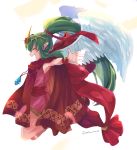  angel_wings chiki cloak closed_eyes commentary_request dress fire_emblem fire_emblem:_monshou_no_nazo fire_emblem_heroes from_side green_hair hair_ribbon highres hood hood_down long_hair mamkute matumuraaaa open_mouth pink_dress pointy_ears ponytail ribbon short_dress simple_background solo stone tiara twitter_username white_background wings wristband 