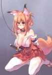  animal_ear_fluff animal_ears bangs bare_shoulders blush bound bound_wrists breasts closed_mouth collar collarbone commentary_request detached_sleeves eyebrows_visible_through_hair fox_ears fox_girl fox_tail hip_vent japanese_clothes kneeling large_breasts leash long_hair mole mole_on_breast obi off_shoulder orange_hair original panties red_skirt ribbon s sandals sash sawaya_(mizukazu) side-tie_panties sideboob simple_background skirt smile solo spiked_collar spikes sword tabi tail tearing_up thighhighs tied_hair underwear weapon white_legwear white_panties yellow_eyes yin_yang 