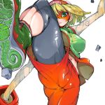  arms_(game) bangs beanie bike_shorts blonde_hair blunt_bangs bob_cut breasts chinese_clothes commentary_request domino_mask fighting_stance food green_eyes green_footwear hat high_tops kamaboko kicking knit_hat large_breasts leg_up looking_at_viewer looking_down mask min_min_(arms) narutomaki navel noodles orange_shorts perspective pom_pom_(clothes) shoe_soles short_hair shorts simple_background soles solo split standing standing_on_one_leg standing_split stomach teriyaki upshorts white_background 