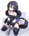  asagiri_asagi bangs bare_shoulders black_camisole black_hair black_legwear black_shorts breasts camisole closed_mouth commentary_request covered_nipples eyebrows_visible_through_hair fingerless_gloves fur-trimmed_jacket fur-trimmed_sleeves fur_collar fur_trim gloves gun hair_between_eyes hair_ornament hairclip handgun highres holding holding_gun holding_weapon jacket karukan_(monjya) kneeling long_hair long_sleeves looking_at_viewer makai_wars nippon_ichi off_shoulder open_clothes open_jacket purple_eyes short_shorts shorts sidelocks small_breasts solo thighhighs two-handed weapon weapon_request white_gloves white_jacket x_hair_ornament 