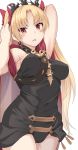  arm_up bangs between_breasts black_dress black_leotard blonde_hair blush bone bow breasts buckle cape cowboy_shot dress earrings ereshkigal_(fate/grand_order) eyebrows_visible_through_hair fate/grand_order fate_(series) gold_trim hair_bow hair_ornament hair_ribbon hand_in_hair hand_up headpiece hoop_earrings jewelry leotard long_hair medium_breasts necklace open_mouth parted_bangs red_cape red_eyes red_ribbon ribbon shiseki_hirame skull solo spine standing strap strap_cleavage tiara two_side_up very_long_hair 