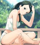  bare_shoulders barefoot black_hair camisole commentary day freckles green_eyes hand_on_own_head indian_style long_hair looking_at_viewer midriff niina_ryou outdoors panties ponytail sitting smile soles solo suiryou_seiko underwear wakaokami_wa_shougakusei wakaokami_wa_shougakusei_(movie) white_panties 