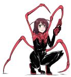  abs animal_print binkan-chan black_bodysuit blush bodysuit breasts brown_hair cosplay crossover green_eyes highres insect_girl mask mask_removed shimoneta_to_iu_gainen_ga_sonzai_shinai_taikutsu_na_sekai short_twintails spider-man spider-man_(cosplay) spider-man_(series) spider_girl spider_legs spider_print spider_web_print squatting superior_spider-man sweatdrop techsupportdog twintails 