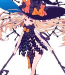  abigail_williams_(fate/grand_order) asymmetrical_legwear bangs black_bow black_hat black_legwear black_panties blonde_hair bow closed_mouth commentary_request eyebrows_visible_through_hair fate/grand_order fate_(series) feet_out_of_frame hat hat_bow head_tilt highres holding holding_key key keyhole kise_(swimmt) long_hair orange_bow oversized_object panties parted_bangs red_eyes revealing_clothes signature simple_background single_thighhigh smile solo stuffed_animal stuffed_toy teddy_bear thighhighs topless underwear very_long_hair white_background witch_hat 
