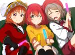  bad_id bad_pixiv_id beret boots braid brown_hair closed_eyes collarbone cyaron_(love_live!) eyebrows_visible_through_hair glowstick green_eyes grin hair_between_eyes hat highres icehotmilktea kurosawa_ruby looking_at_viewer love_live! love_live!_sunshine!! multiple_girls one_eye_closed orange_hair overall_shorts pirate_hat pleated_skirt red_eyes red_hair side_braid sitting skirt smile takami_chika watanabe_you 