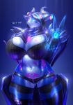  2018 anthro blue_background breasts clothed clothing cybernetics cyborg digital_media_(artwork) ear_piercing equus female fish flower hair hand_on_breast horn looking_at_viewer machine marine navel piercing plant purple_eyes scarf shark signature simple_background skimpy solo tattoo yumi_(adams) 