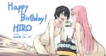  1girl all_fours aqua_eyes barefoot birthday_cake black_hair blue_horns cake chicke_iii couple darling_in_the_franxx dated feeding food hairband happy_birthday highres hiro_(darling_in_the_franxx) horns long_hair open_mouth pink_hair simple_background spoilers white_background zero_two_(darling_in_the_franxx) 