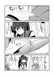  4koma =_= breast_pocket closed_eyes comic fish gambier_bay_(kantai_collection) greyscale hairband ichimi kantai_collection long_hair monochrome multiple_girls pocket ponytail samuel_b._roberts_(kantai_collection) saury translated twintails upper_body yamato_(kantai_collection) 