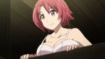  1girl animated animated_gif bare_shoulders bouncing_breasts bra breasts cleavage cow_girl_(goblin_slayer!) goblin_slayer! large_breasts open_mouth purple_eyes red_hair short_hair smile solo underwear white_bra window 