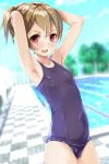  absurdres arms_up blue_sky blue_swimsuit blurry blurry_background blush breasts brown_hair chain-link_fence commentary_request covered_navel cowboy_shot day depth_of_field fence flat_chest highres kntrs_(knyrs) looking_at_viewer one-piece_swimsuit open_mouth outdoors ponytail pool poolside red_eyes school_swimsuit shiny shiny_clothes shiny_hair shiny_skin short_hair silica sky smile solo standing swimsuit sword_art_online 
