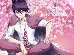  beard black_hair cape collarbone danganronpa dated dress_shirt facial_hair hair_between_eyes hand_on_own_knee happy_birthday indian_style looking_at_viewer male_focus momota_kaito new_danganronpa_v3 nyangorobei open_clothes open_shirt pants print_shirt purple_cape purple_eyes purple_pants shirt sitting solo spiked_hair white_shirt 