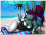  2018 4_fingers anthro beach beach_umbrella big_breasts breasts chair cleavage clothed clothing detailed_background eyewear female fernando_faria green_eyes hair holding_beverage lagomorph long_hair looking_at_viewer lying mammal one-piece_swimsuit outside palm_tree rabbit sea seaside sky smile solo sunglasses swimsuit thick_thighs tree water 