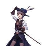  belt blue_eyes commentary_request dlwhdals901 flower gloves grey_hair hat hat_feather hat_flower midriff_peek navel original puffy_sleeves rapier scabbard sheath short_hair short_shorts shorts solo sword vest weapon white_background 