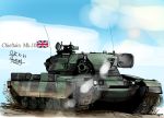  caterpillar_tracks cloud commentary day fv4201_chieftain ground_vehicle highres military military_vehicle motor_vehicle no_humans original real_life sky tank troll_(dlshvmajsl) union_jack 