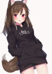  absurdres animal_ear_fluff animal_ears bangs black_hoodie blush brown_background brown_hair commentary_request cowboy_shot drawstring dutch_angle eyebrows_visible_through_hair fang hair_between_eyes hands_in_pocket highres hood hood_down hoodie long_hair looking_at_viewer mizuki_ryuu original parted_lips red_eyes simple_background solo tail tail_raised v-shaped_eyebrows wolf_ears wolf_girl wolf_tail 